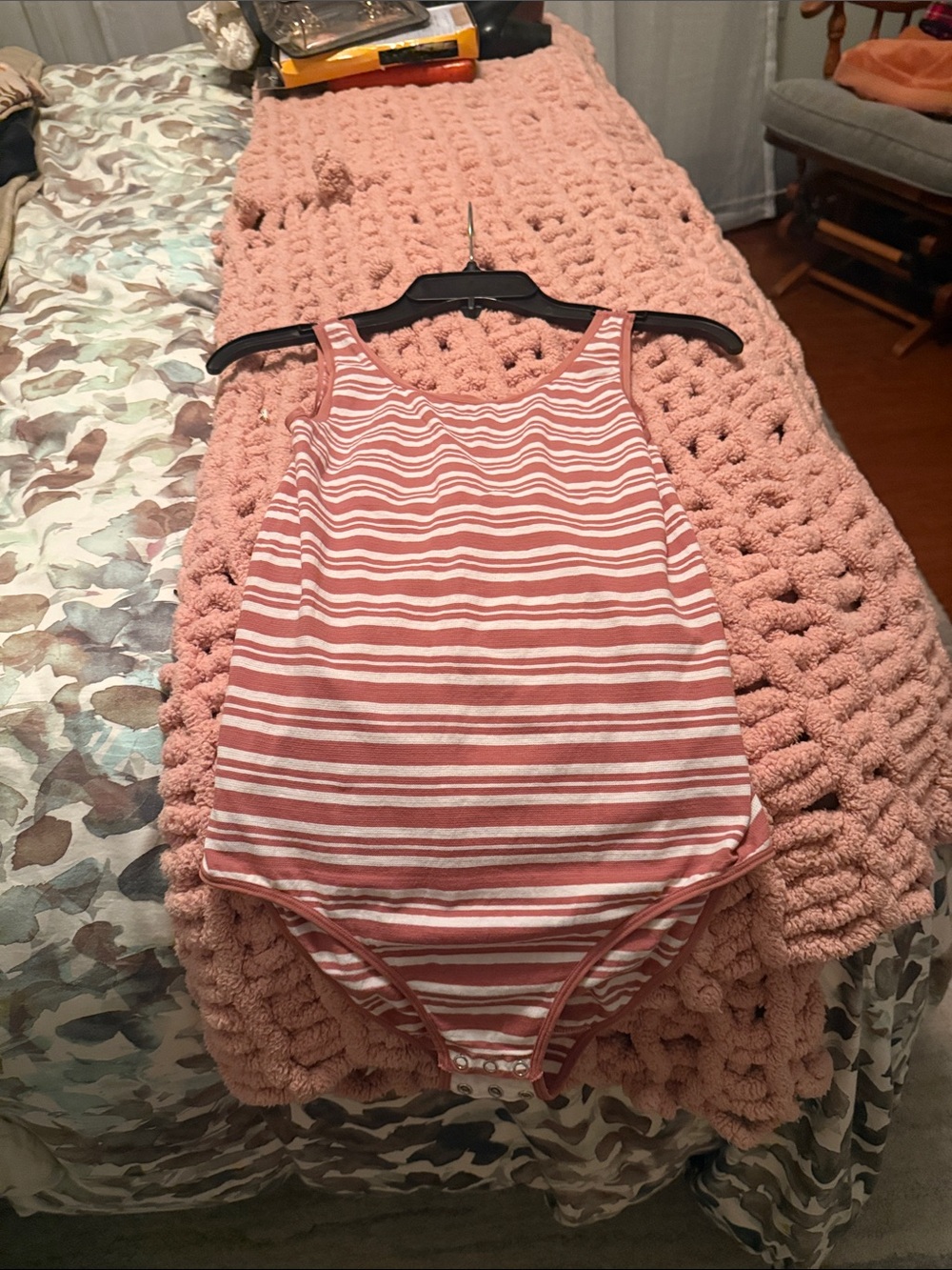 Striped Tank One-Piece Bodysuit in Dusty Pink and White .....women's size M/L